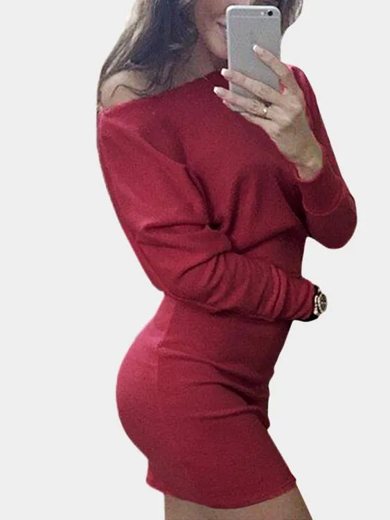 Asymmetrical One Shoulder Long Sleeve Plain Bodycon Mini Dresses