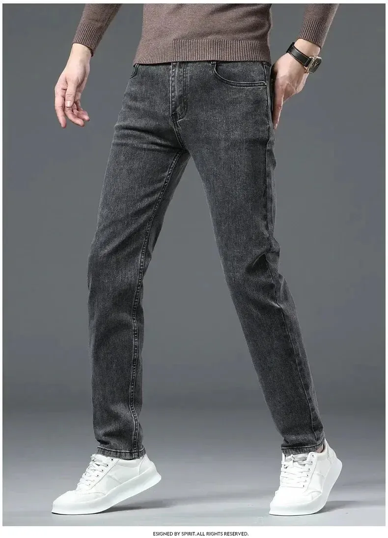 Autumn Winter Men's Stretch Jeans Gray Classic Business Fashion Slim Fit Denim Trousers