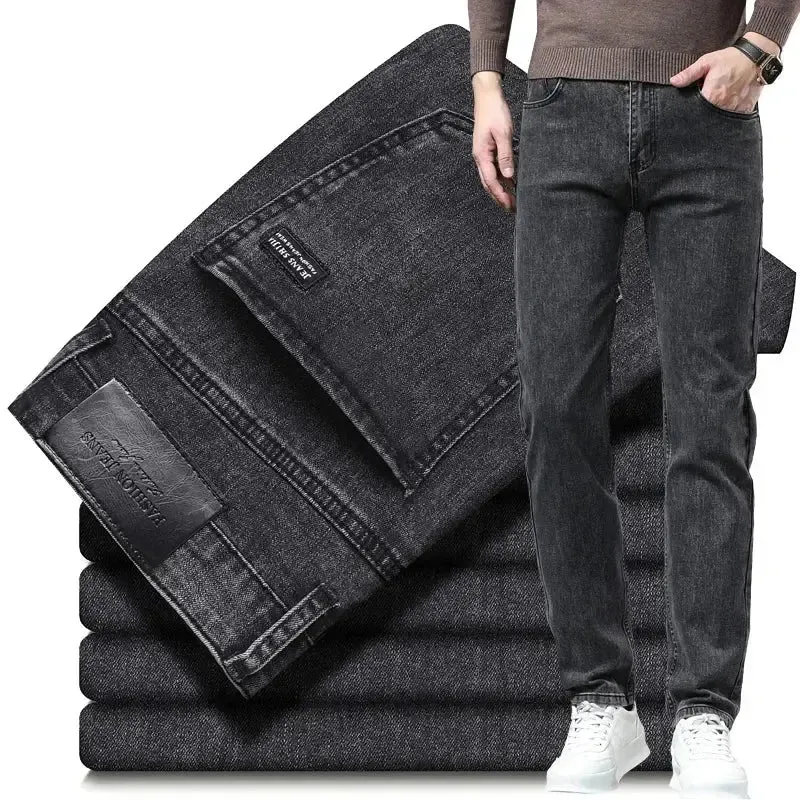 Autumn Winter Men's Stretch Jeans Gray Classic Business Fashion Slim Fit Denim Trousers