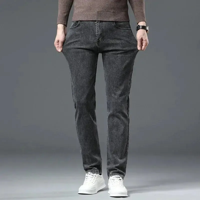 Autumn Winter Men's Stretch Jeans Gray Classic Business Fashion Slim Fit Denim Trousers