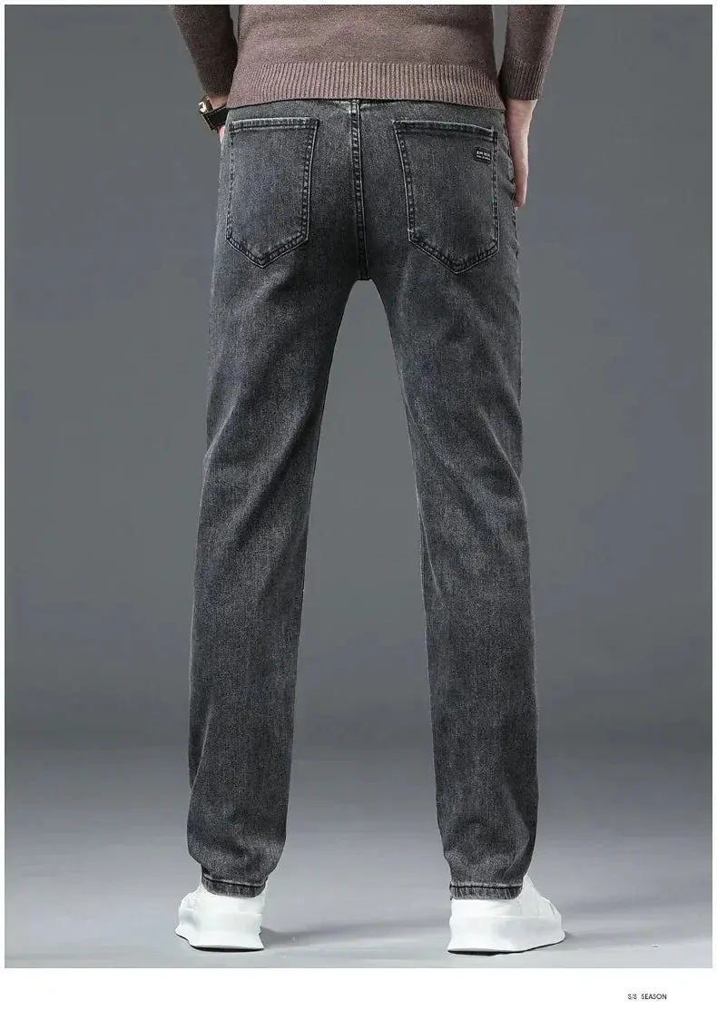 Autumn Winter Men's Stretch Jeans Gray Classic Business Fashion Slim Fit Denim Trousers