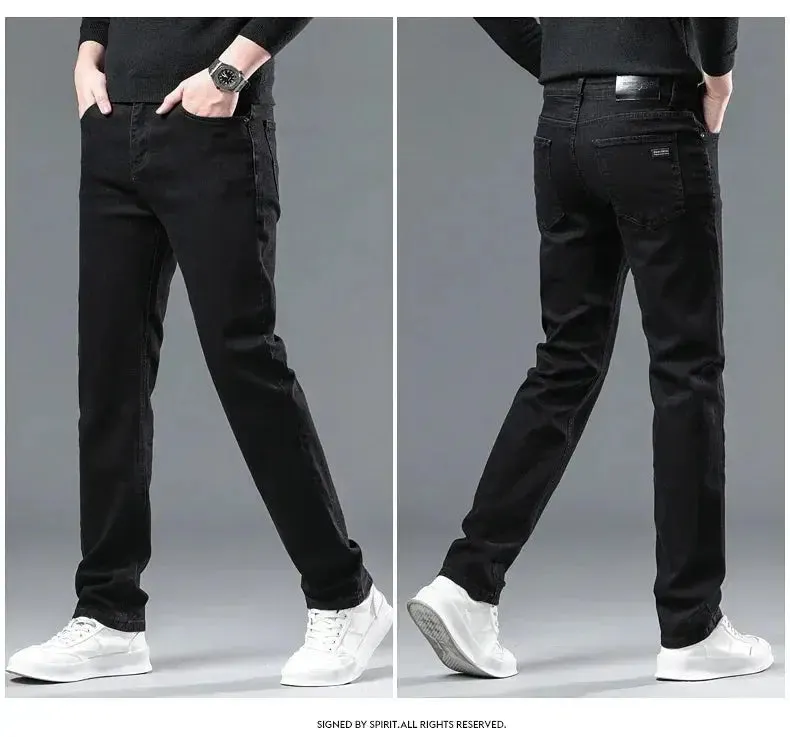Autumn Winter Men's Stretch Jeans Gray Classic Business Fashion Slim Fit Denim Trousers