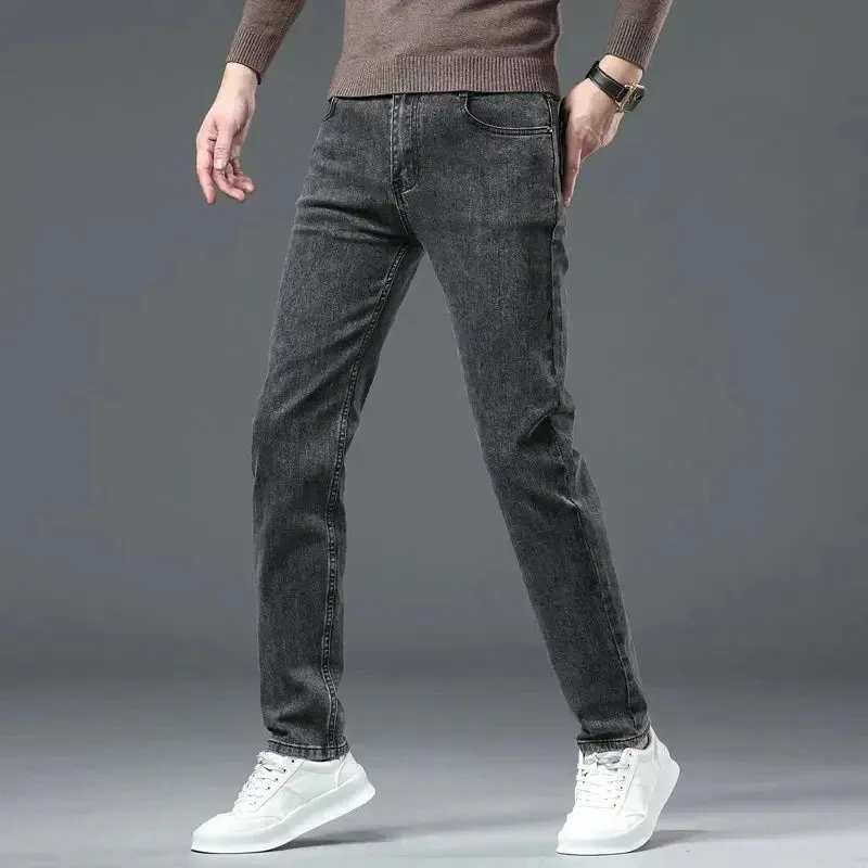 Autumn Winter Men's Stretch Jeans Gray Classic Business Fashion Slim Fit Denim Trousers
