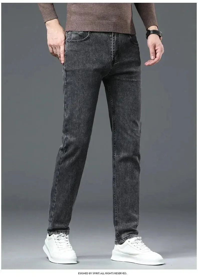 Autumn Winter Men's Stretch Jeans Gray Classic Business Fashion Slim Fit Denim Trousers