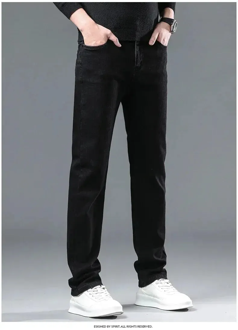 Autumn Winter Men's Stretch Jeans Gray Classic Business Fashion Slim Fit Denim Trousers