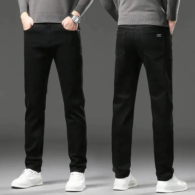 Autumn Winter Men's Stretch Jeans Gray Classic Business Fashion Slim Fit Denim Trousers