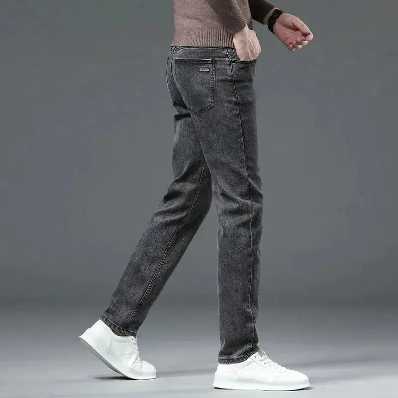 Autumn Winter Men's Stretch Jeans Gray Classic Business Fashion Slim Fit Denim Trousers