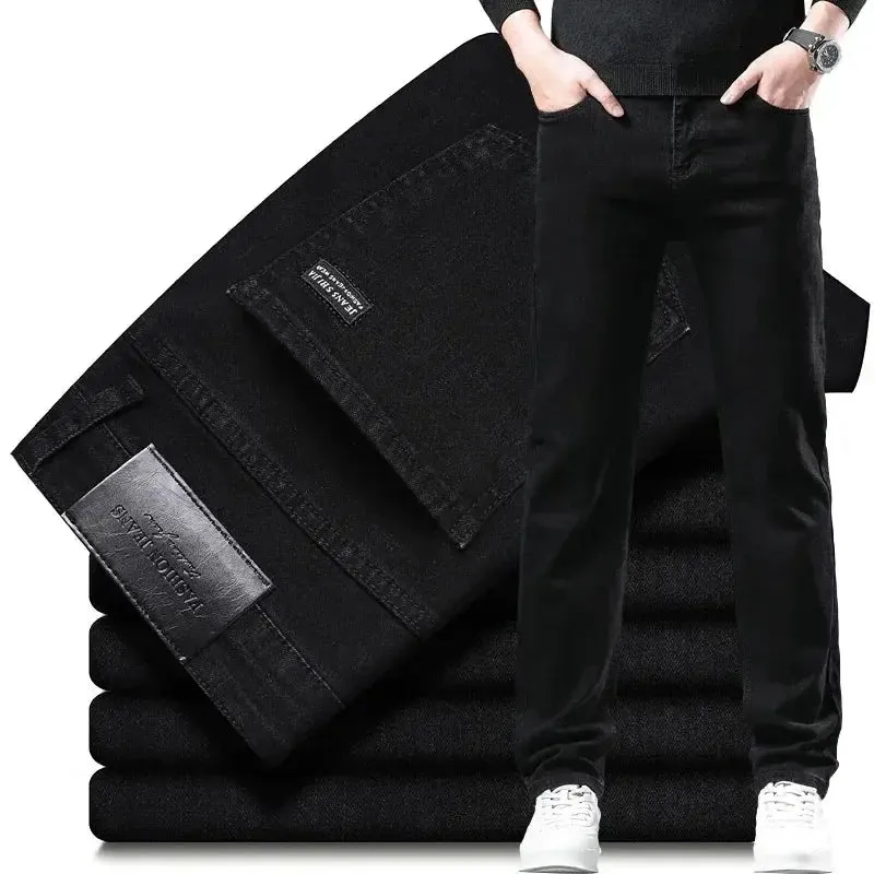 Autumn Winter Men's Stretch Jeans Gray Classic Business Fashion Slim Fit Denim Trousers