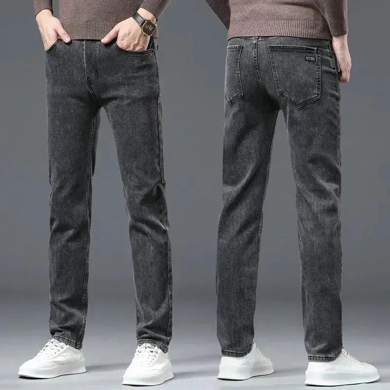 Autumn Winter Men's Stretch Jeans Gray Classic Business Fashion Slim Fit Denim Trousers