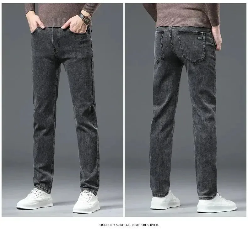 Autumn Winter Men's Stretch Jeans Gray Classic Business Fashion Slim Fit Denim Trousers
