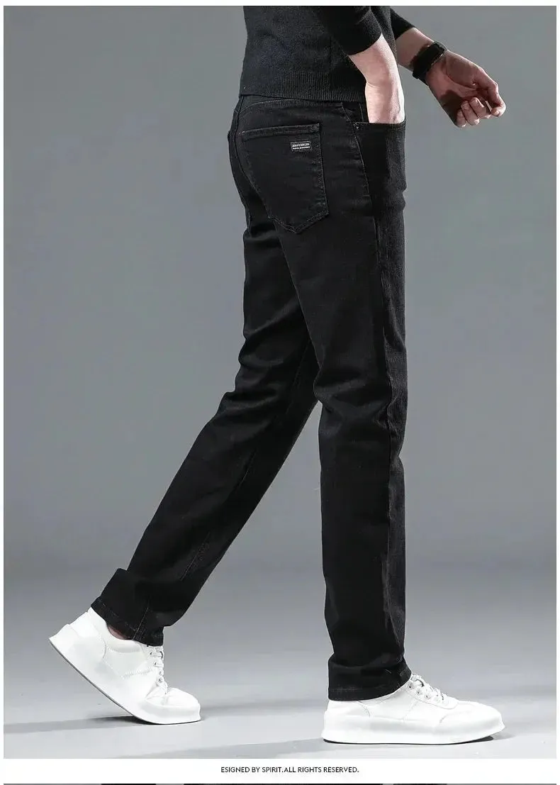 Autumn Winter Men's Stretch Jeans Gray Classic Business Fashion Slim Fit Denim Trousers