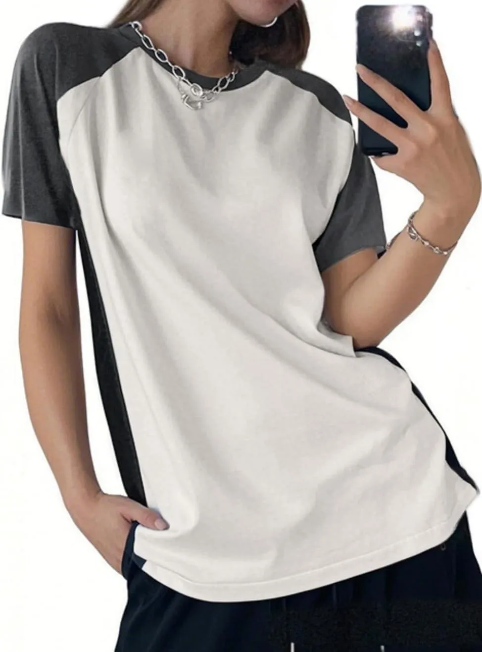Avanova Women Raglan Short Sleeve Oversized T Shirts Color Block Loose Summer Tee Top
