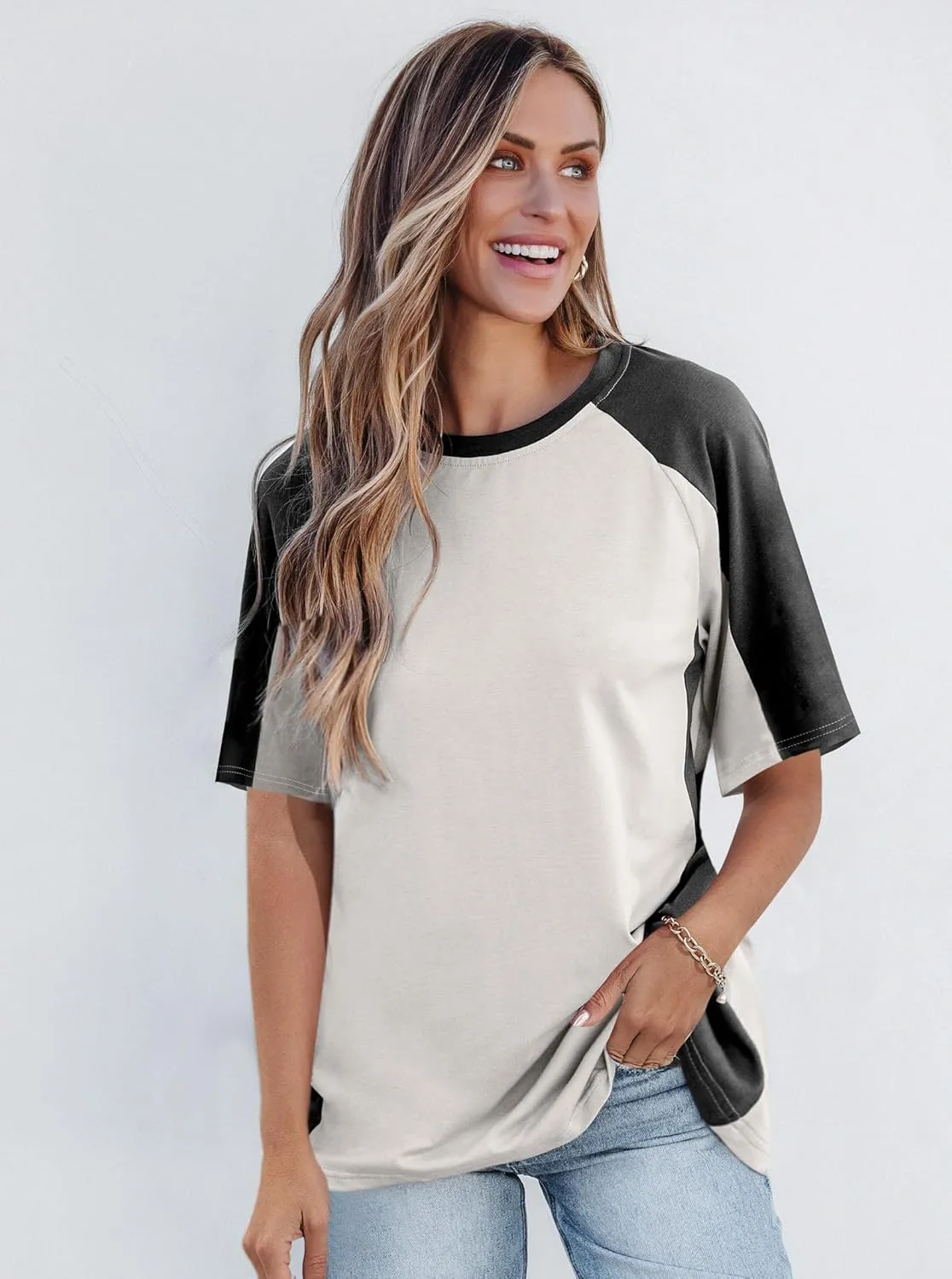 Avanova Women Raglan Short Sleeve Oversized T Shirts Color Block Loose Summer Tee Top