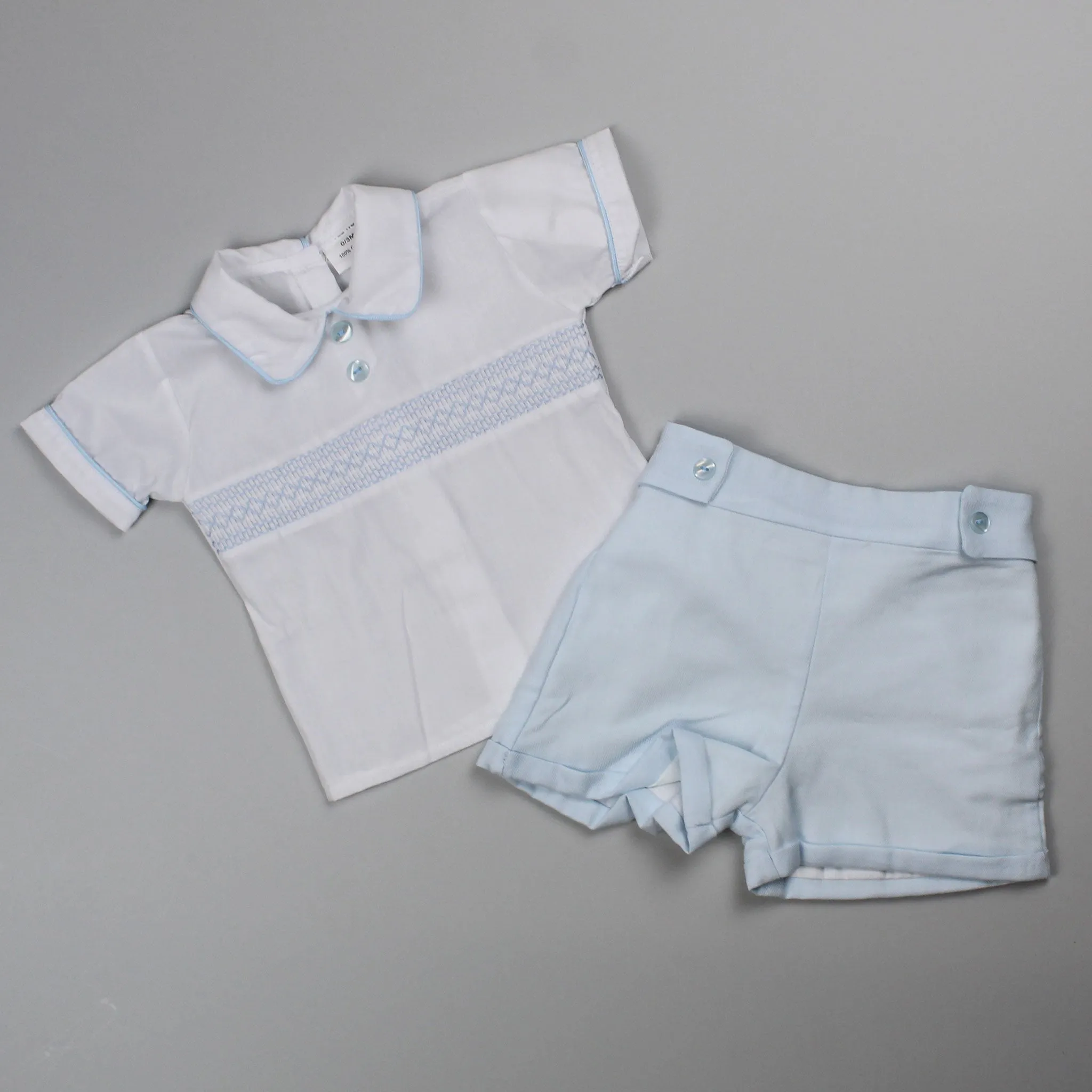 Baby Boys Smocked Shirt & Shorts- Light Blue