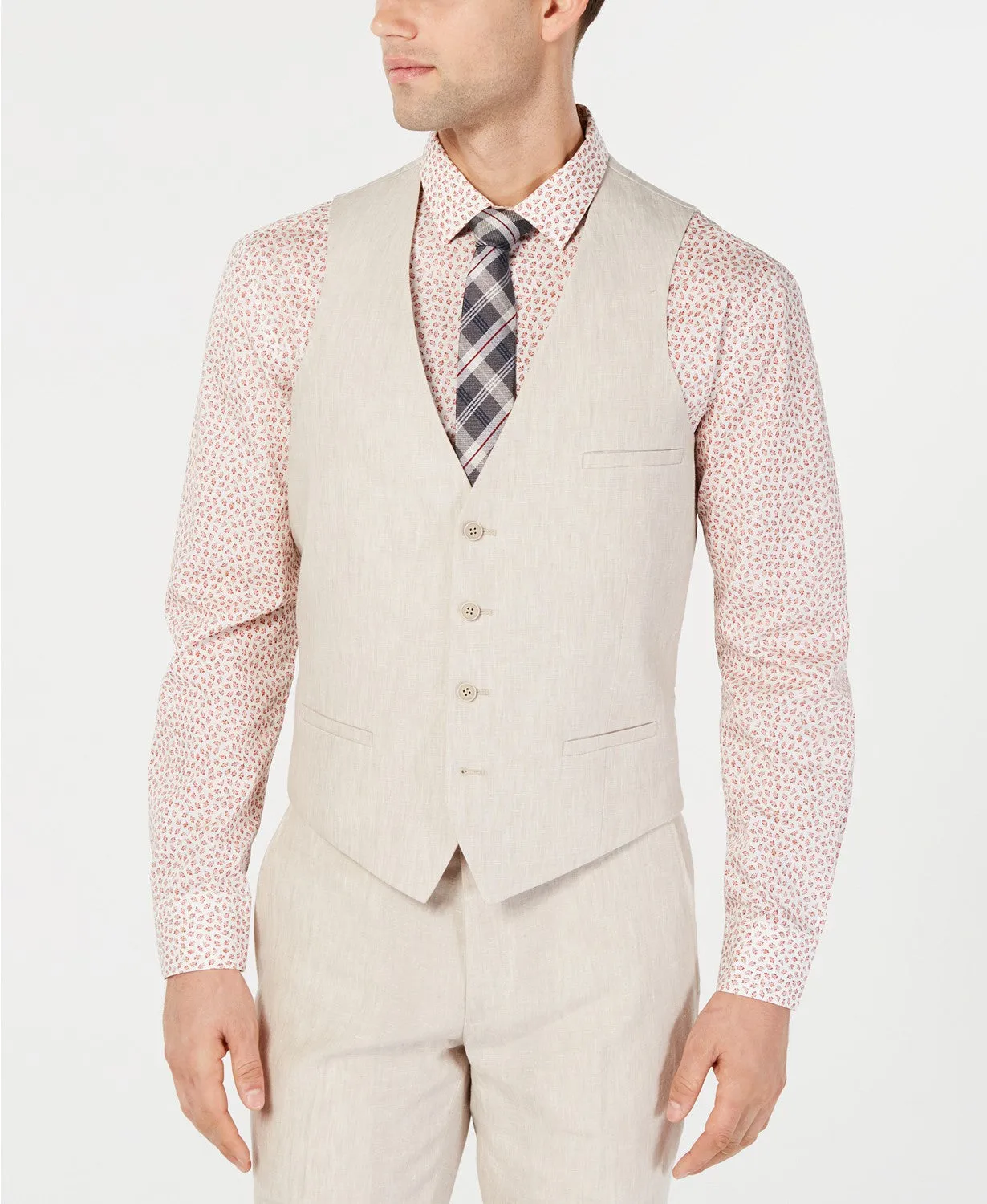 Bar III Mens Slim Fit Linen Suit Vest Tan Large