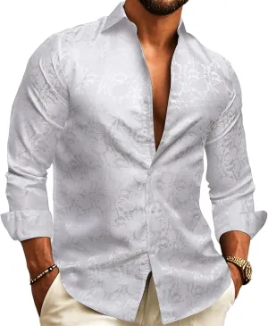Barry.Wang Mens Casual Long Sleeve Shirts Silk Button Up Designer Paisley Formal Dress Shirt Western Mexico Cowboy Costume