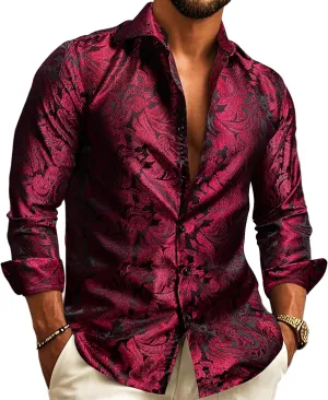 Barry.Wang Mens Casual Long Sleeve Shirts Silk Button Up Designer Paisley Formal Dress Shirt Western Mexico Cowboy Costume