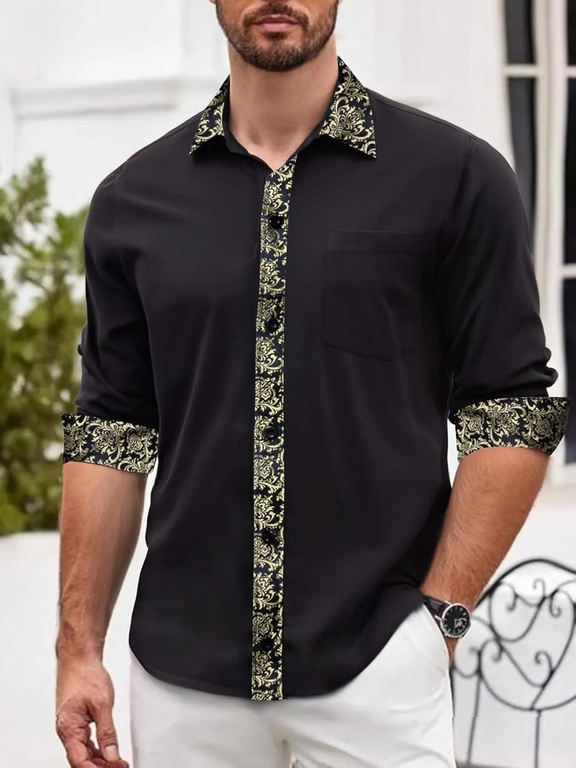 Barry.Wang Mens Dress Shirts Long Sleeve Button Down Business Formal Shirt Collar Cuff Contrast Casual Shirt Wedding