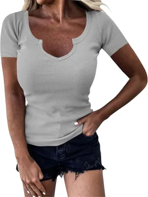 Basic Womens V Neck Short Sleeve T Shirt Knit Slim Fit Tees 2025 Summer Y2k Going Out Tops Sexy Tight Shirts