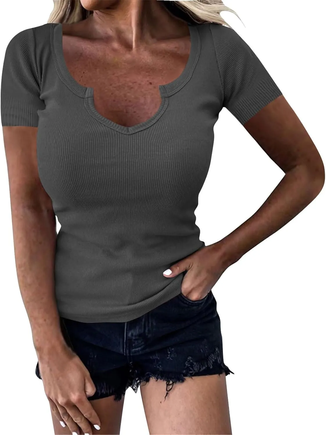 Basic Womens V Neck Short Sleeve T Shirt Knit Slim Fit Tees 2025 Summer Y2k Going Out Tops Sexy Tight Shirts
