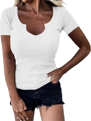 Basic Womens V Neck Short Sleeve T Shirt Knit Slim Fit Tees 2025 Summer Y2k Going Out Tops Sexy Tight Shirts