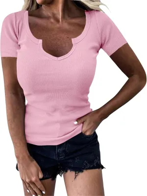 Basic Womens V Neck Short Sleeve T Shirt Knit Slim Fit Tees 2025 Summer Y2k Going Out Tops Sexy Tight Shirts