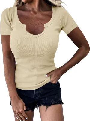 Basic Womens V Neck Short Sleeve T Shirt Knit Slim Fit Tees 2025 Summer Y2k Going Out Tops Sexy Tight Shirts