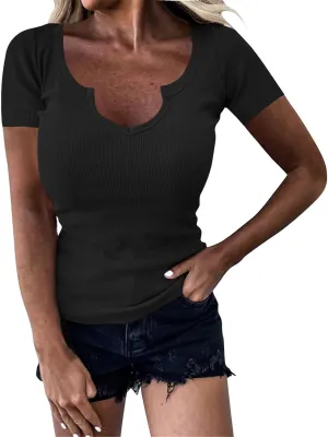 Basic Womens V Neck Short Sleeve T Shirt Knit Slim Fit Tees 2025 Summer Y2k Going Out Tops Sexy Tight Shirts