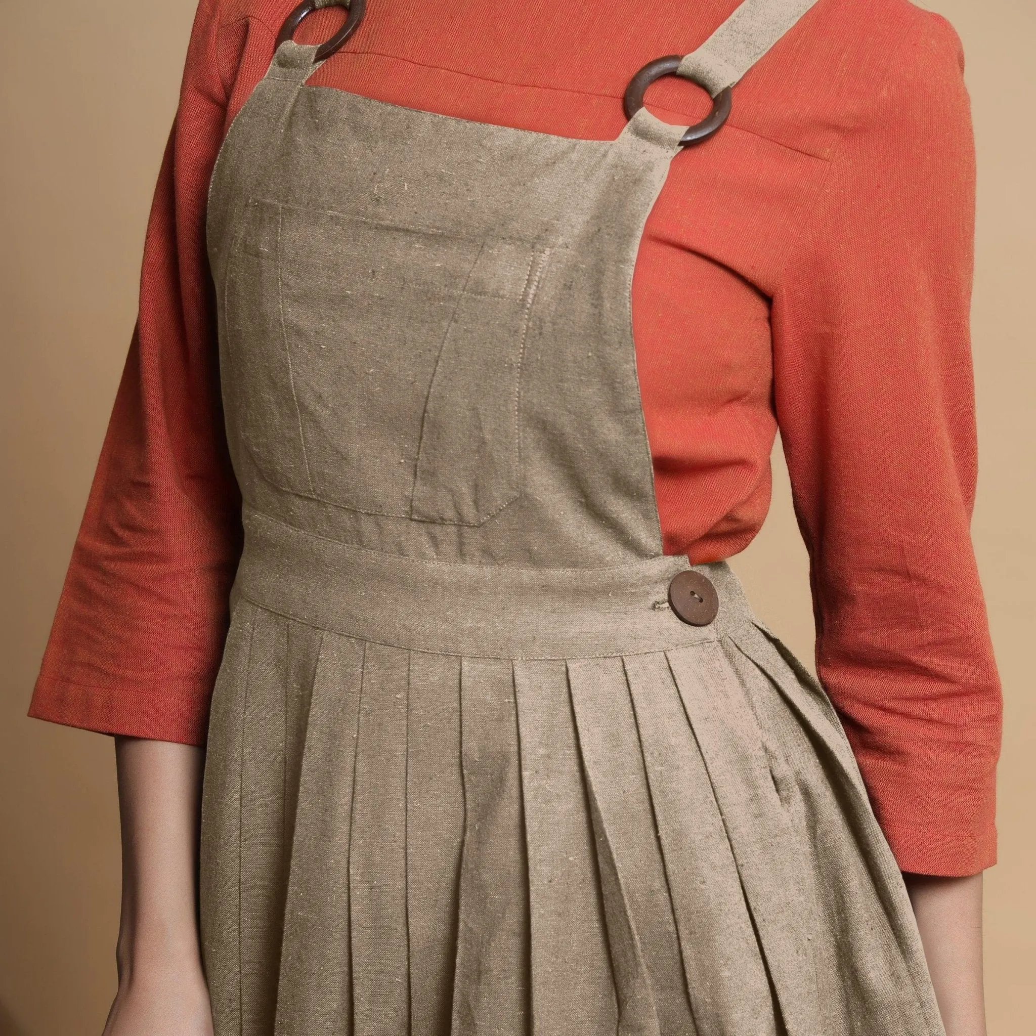 Beige Pleated Cotton Flax Criss-Cross Back Short Dress