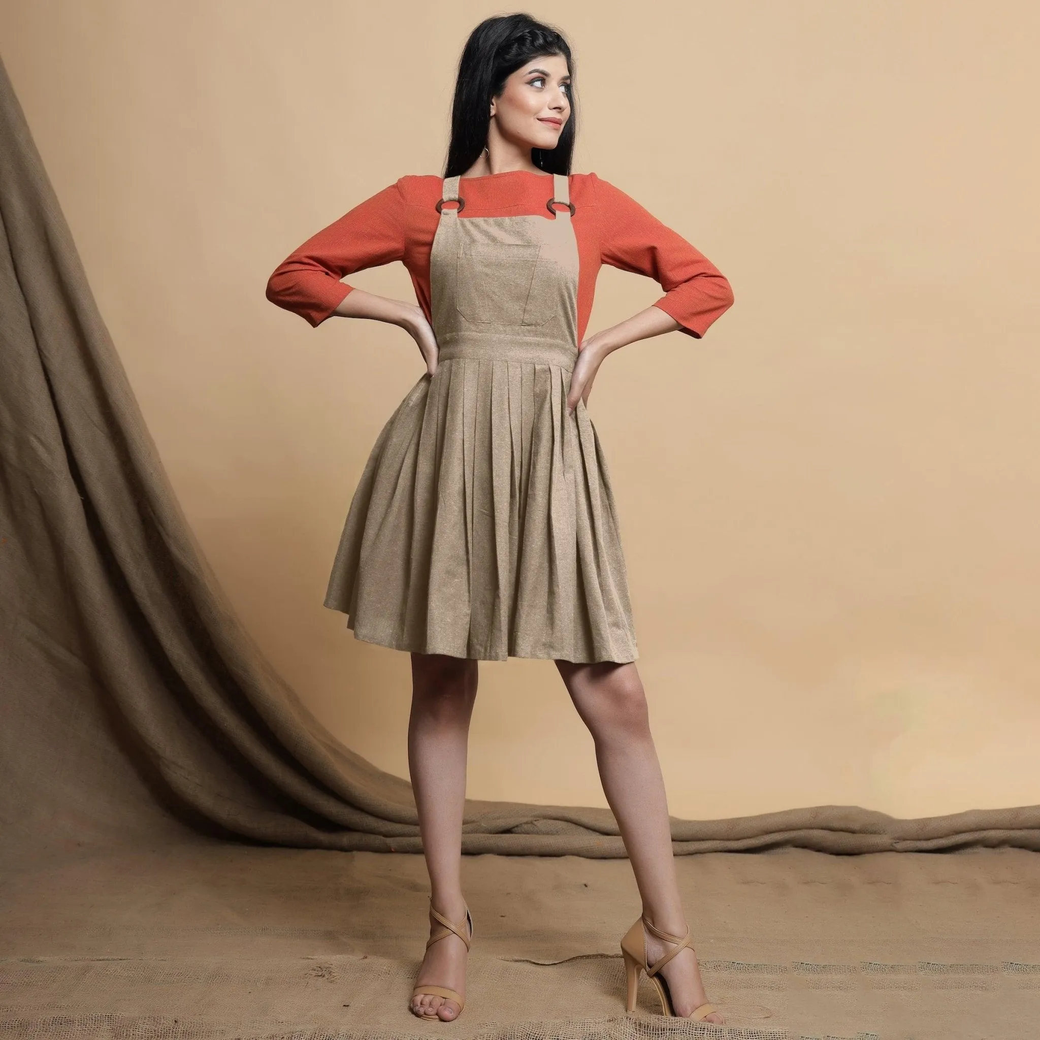 Beige Pleated Cotton Flax Criss-Cross Back Short Dress