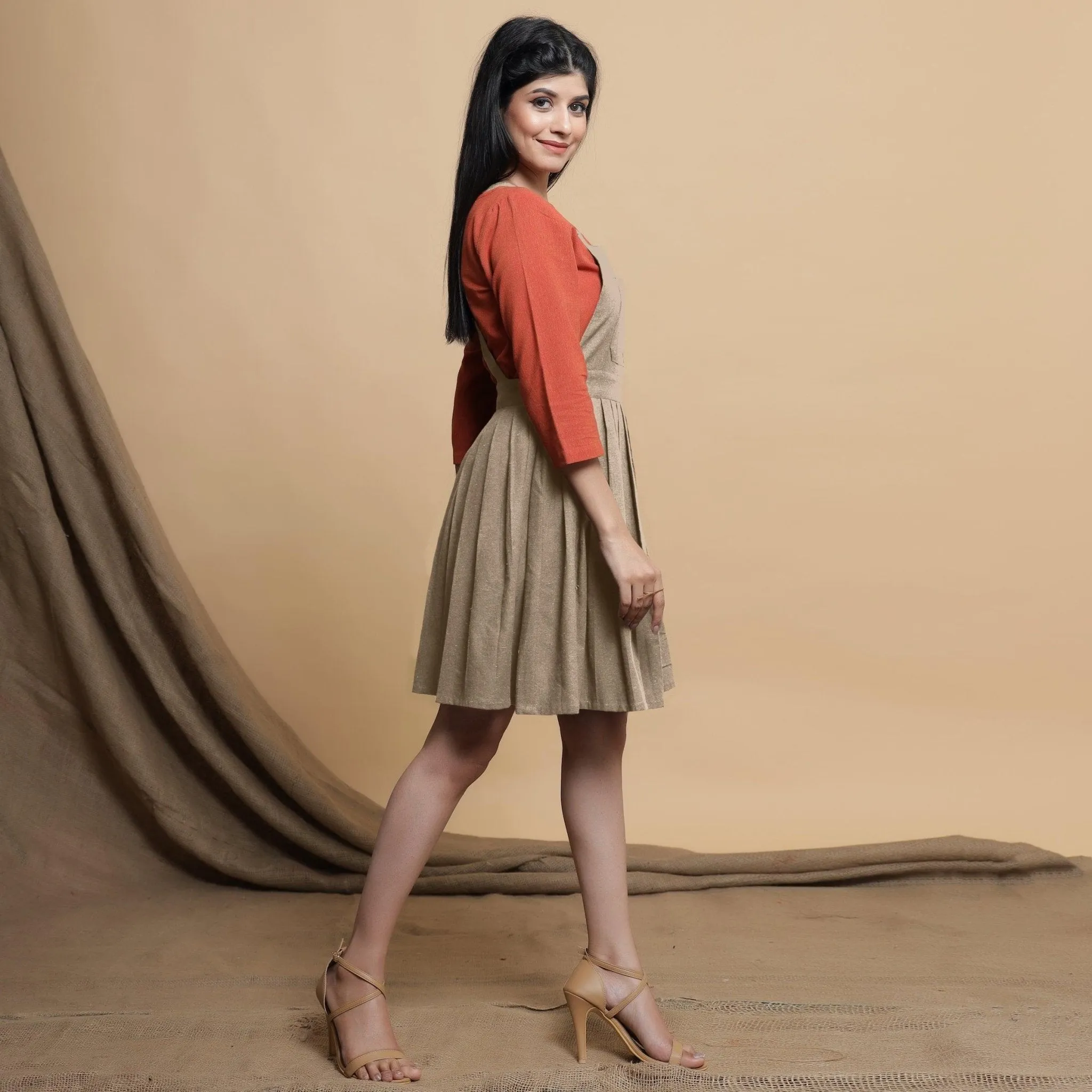 Beige Pleated Cotton Flax Criss-Cross Back Short Dress