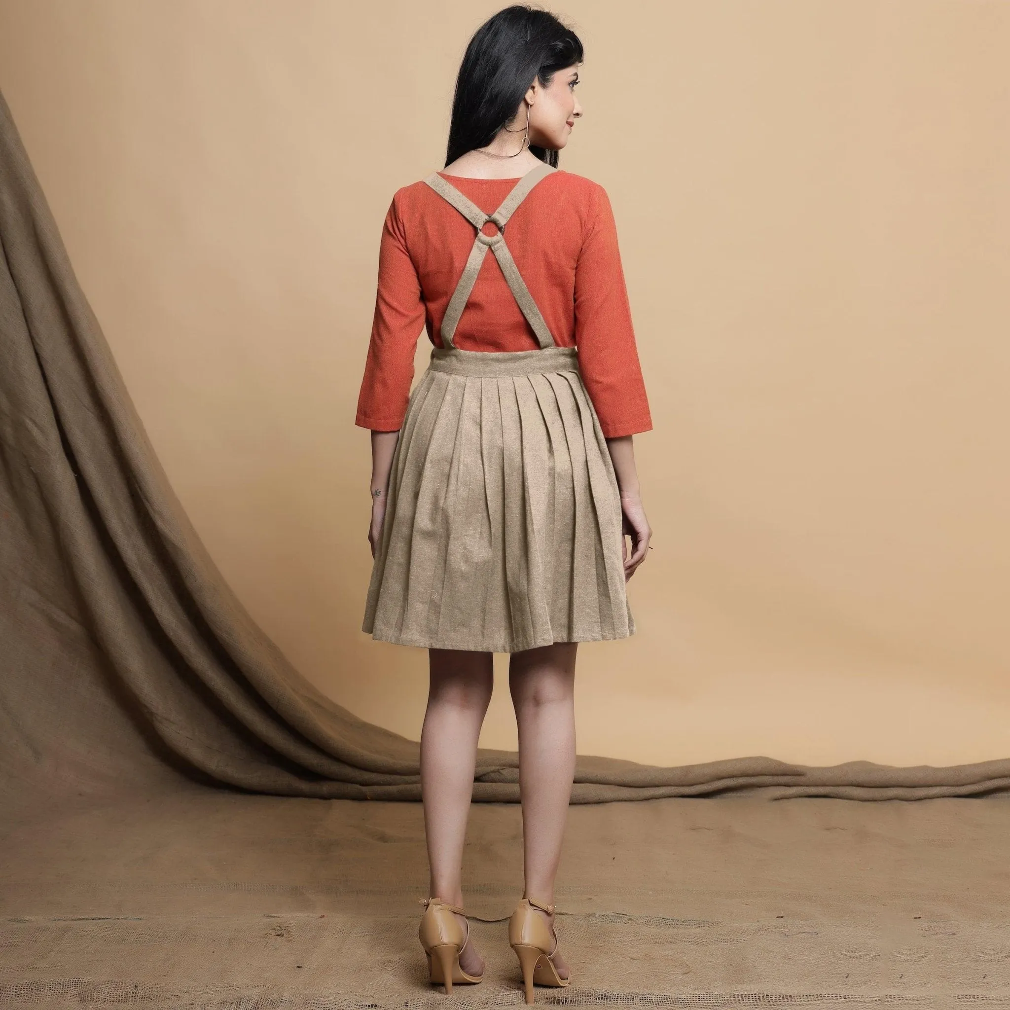 Beige Pleated Cotton Flax Criss-Cross Back Short Dress