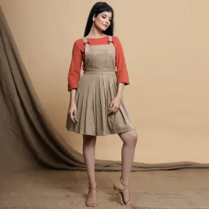 Beige Pleated Cotton Flax Criss-Cross Back Short Dress