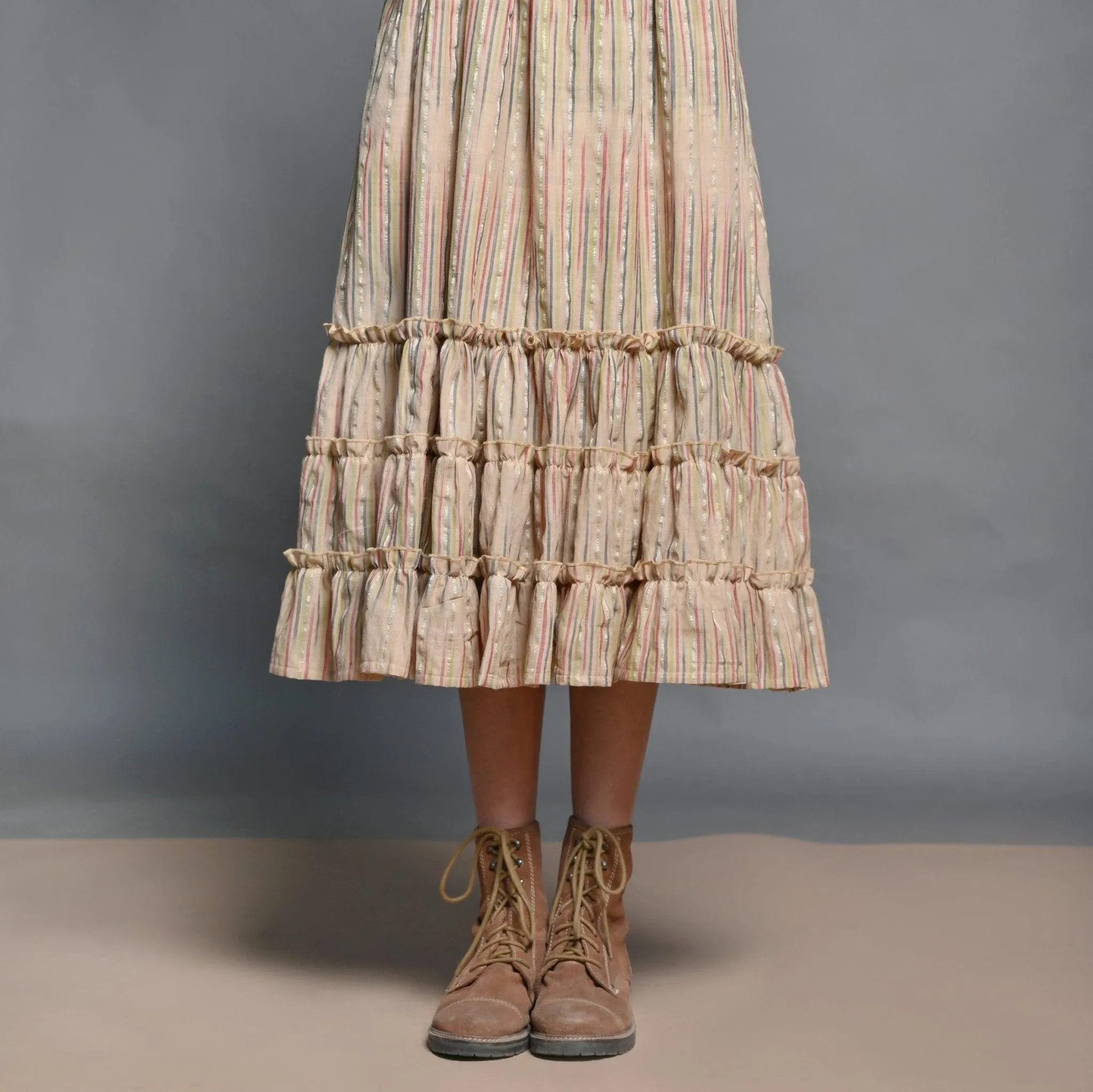 Beige Striped Handwoven Cotton Midi Sundress Dress