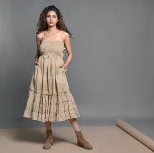Beige Striped Handwoven Cotton Midi Sundress Dress