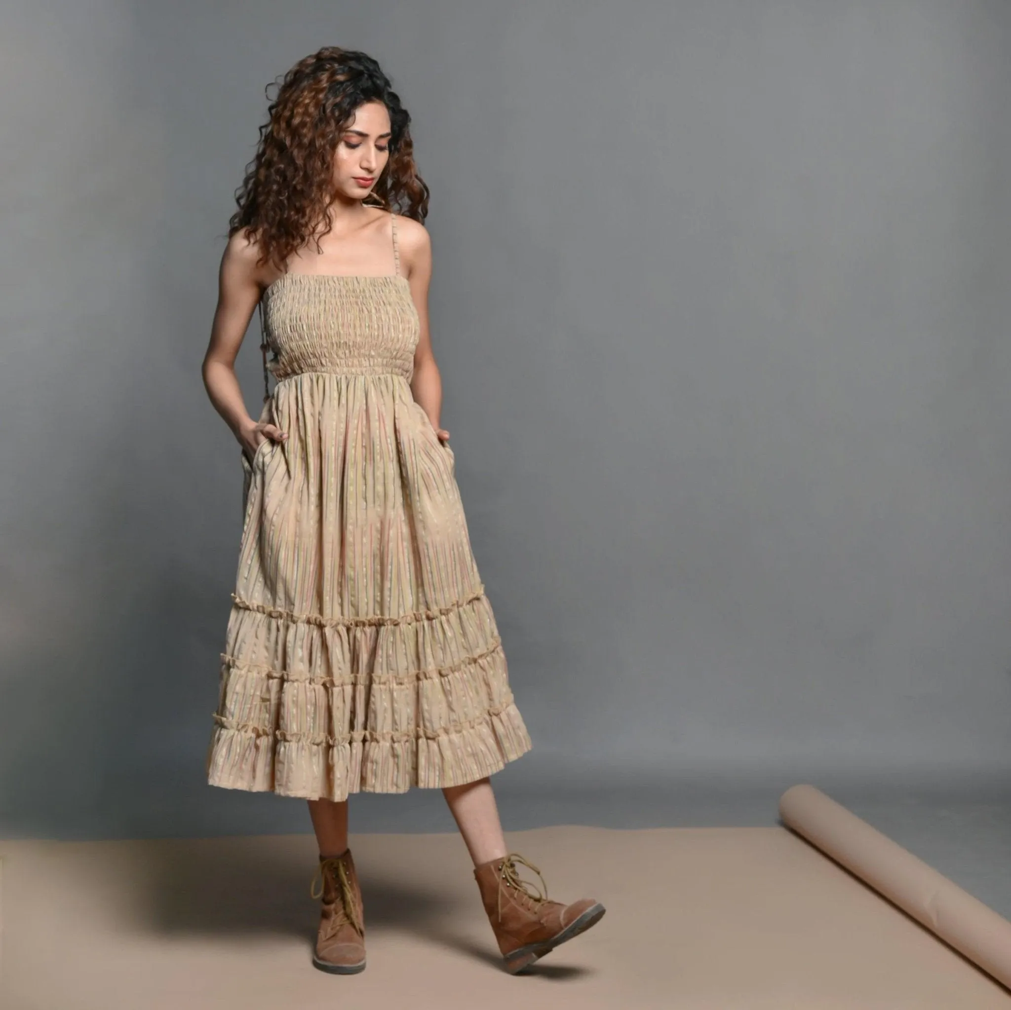 Beige Striped Handwoven Cotton Midi Sundress Dress