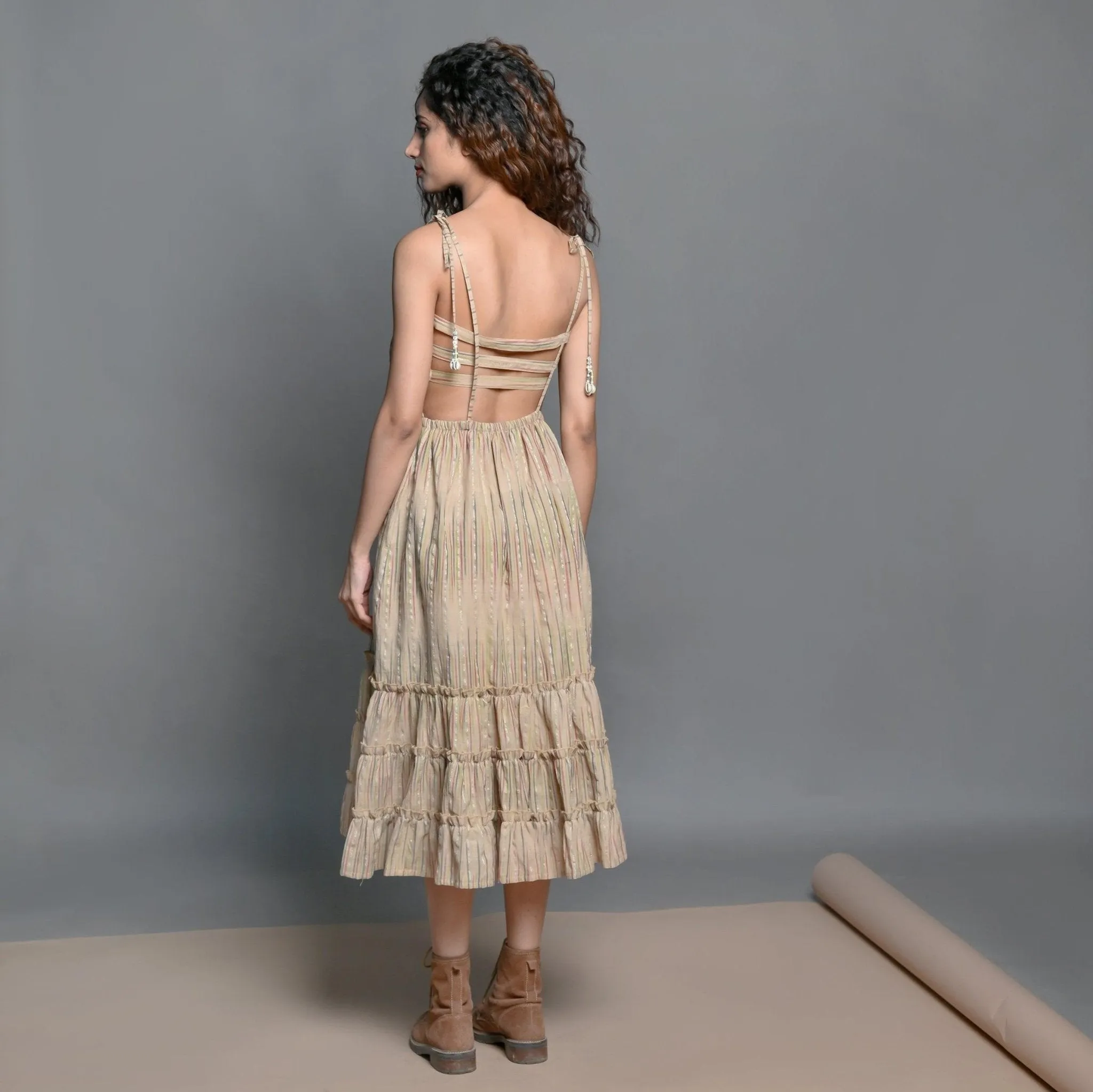 Beige Striped Handwoven Cotton Midi Sundress Dress