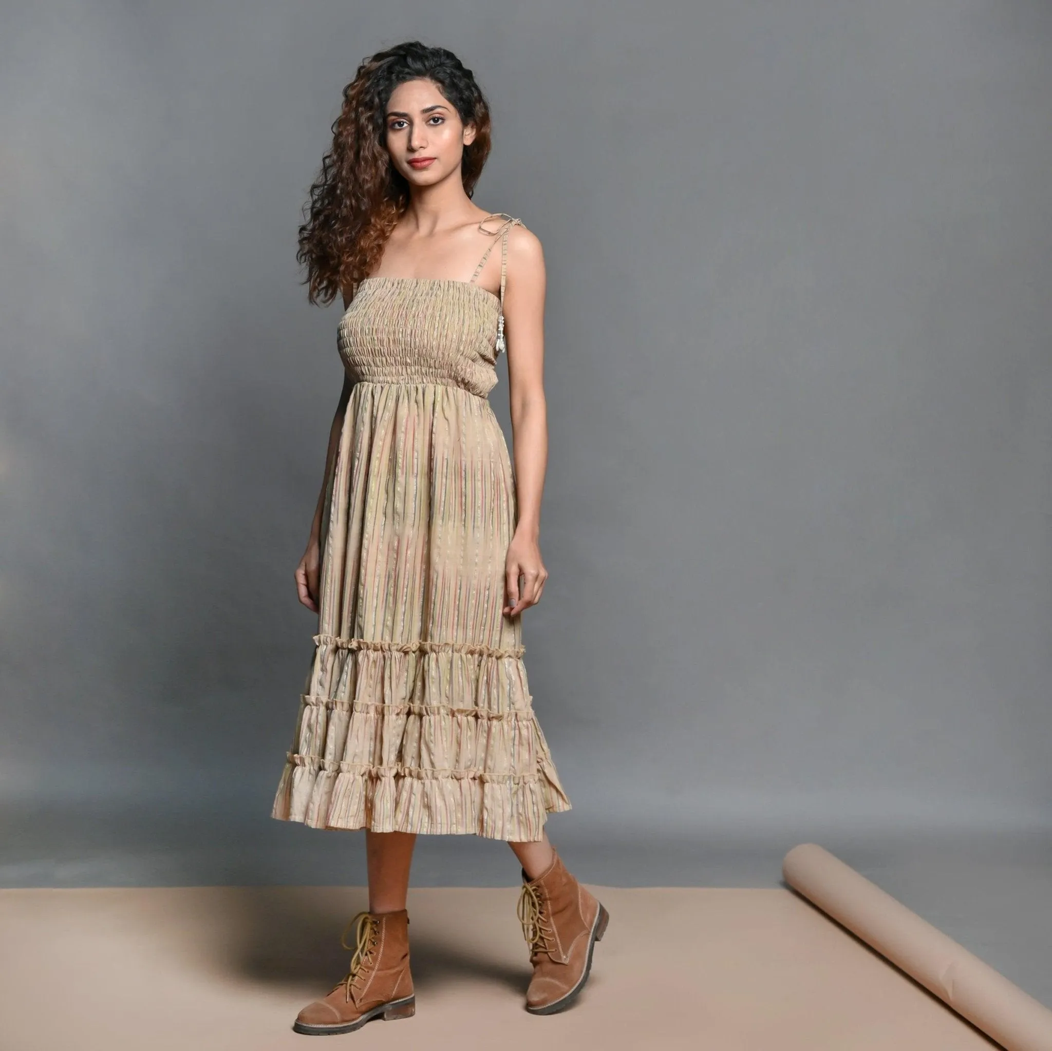 Beige Striped Handwoven Cotton Midi Sundress Dress