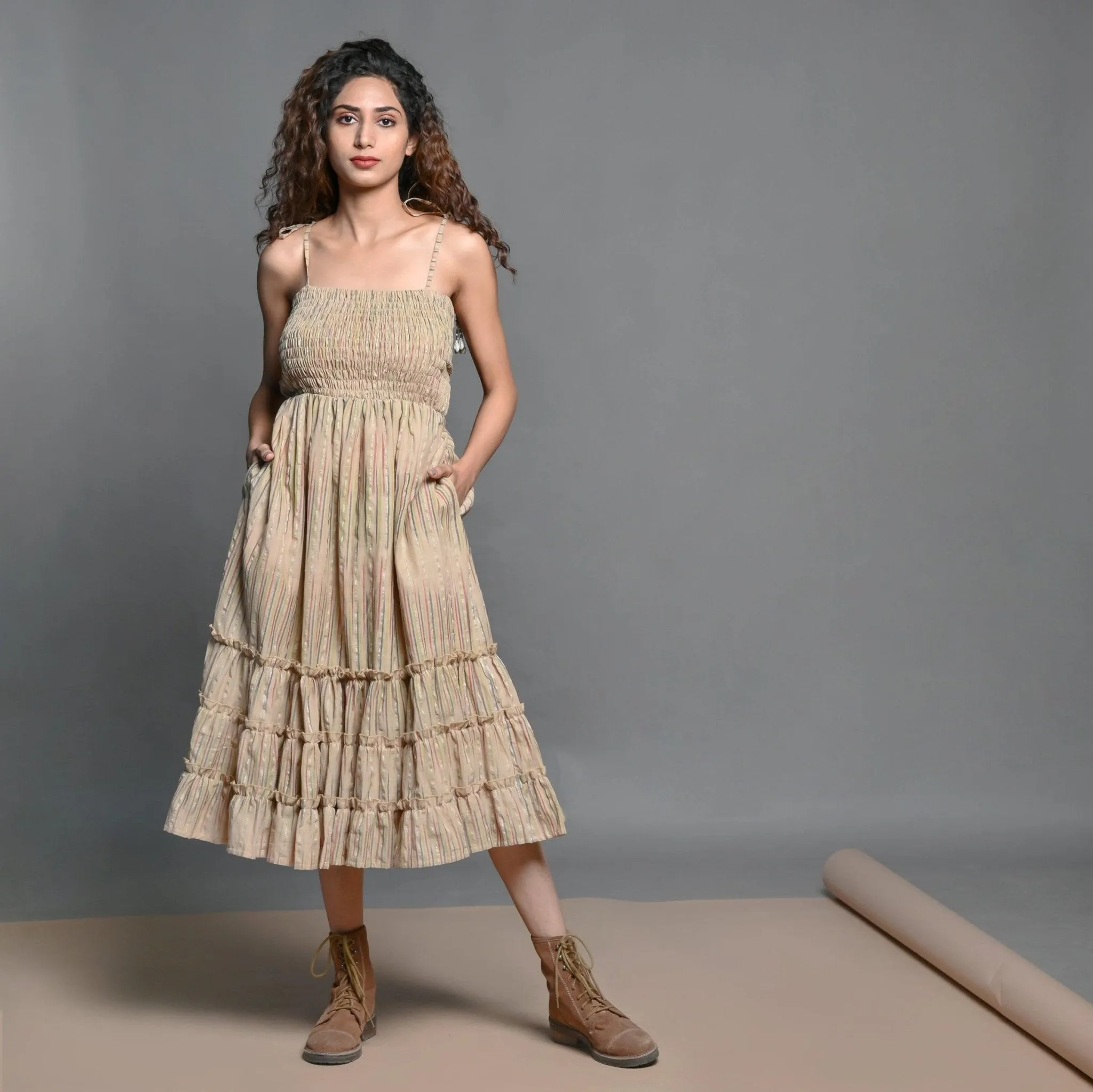 Beige Striped Handwoven Cotton Midi Sundress Dress