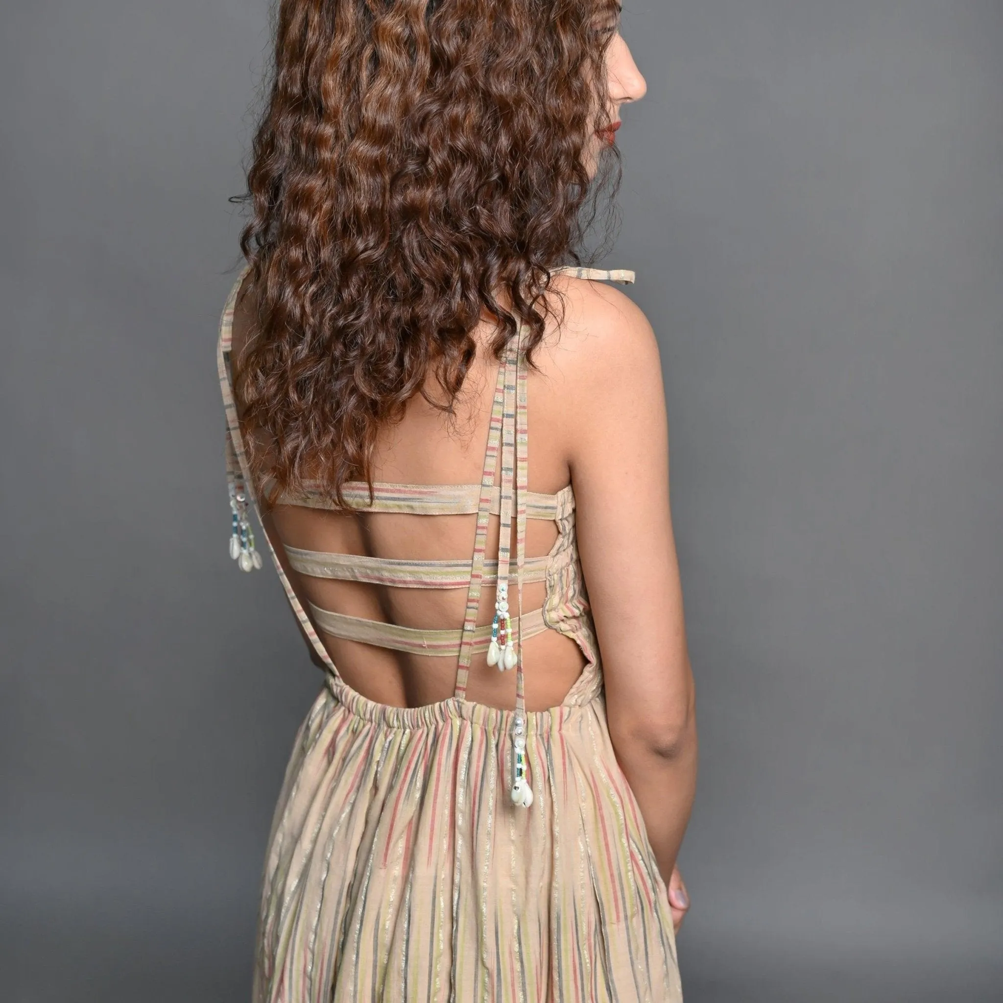 Beige Striped Handwoven Cotton Midi Sundress Dress
