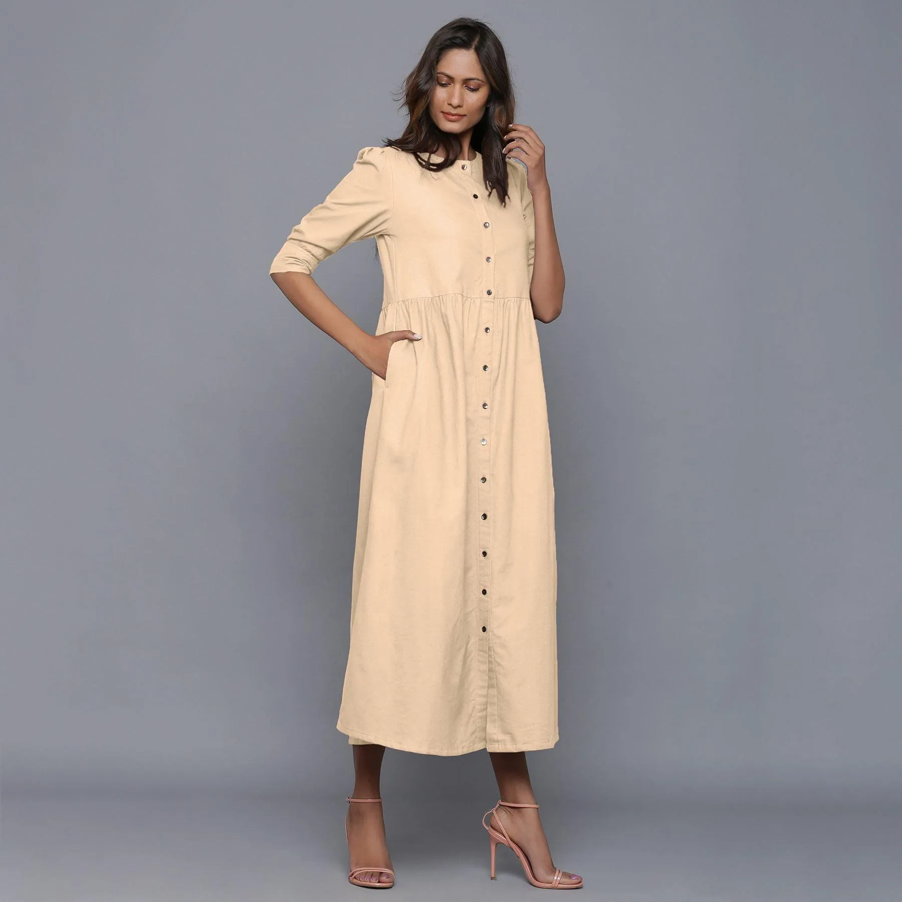 Beige Warm Cotton Flannel Gathered Maxi Dress