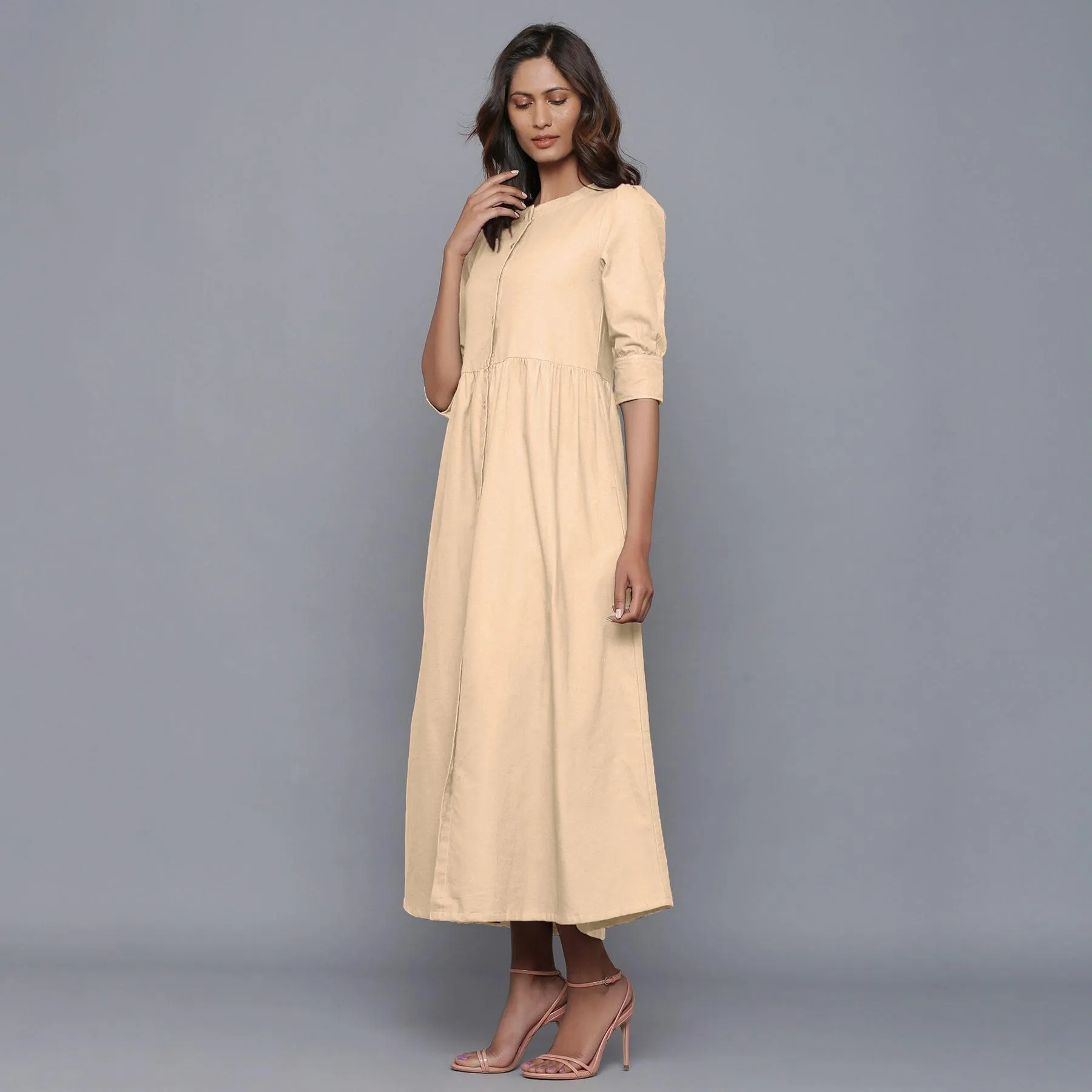 Beige Warm Cotton Flannel Gathered Maxi Dress