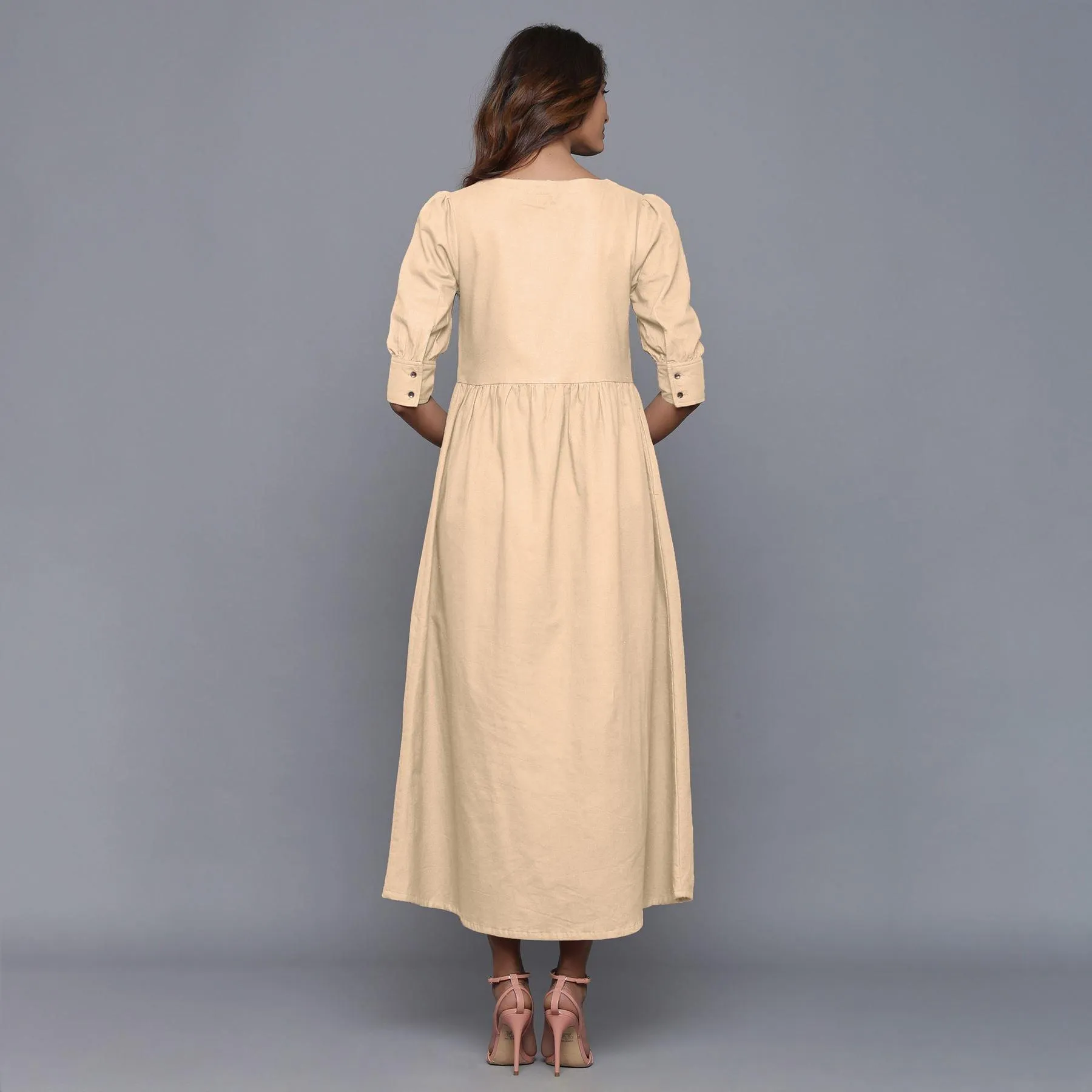 Beige Warm Cotton Flannel Gathered Maxi Dress