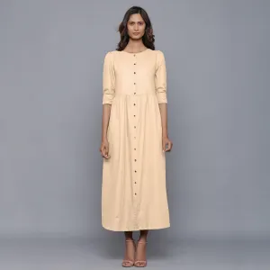 Beige Warm Cotton Flannel Gathered Maxi Dress