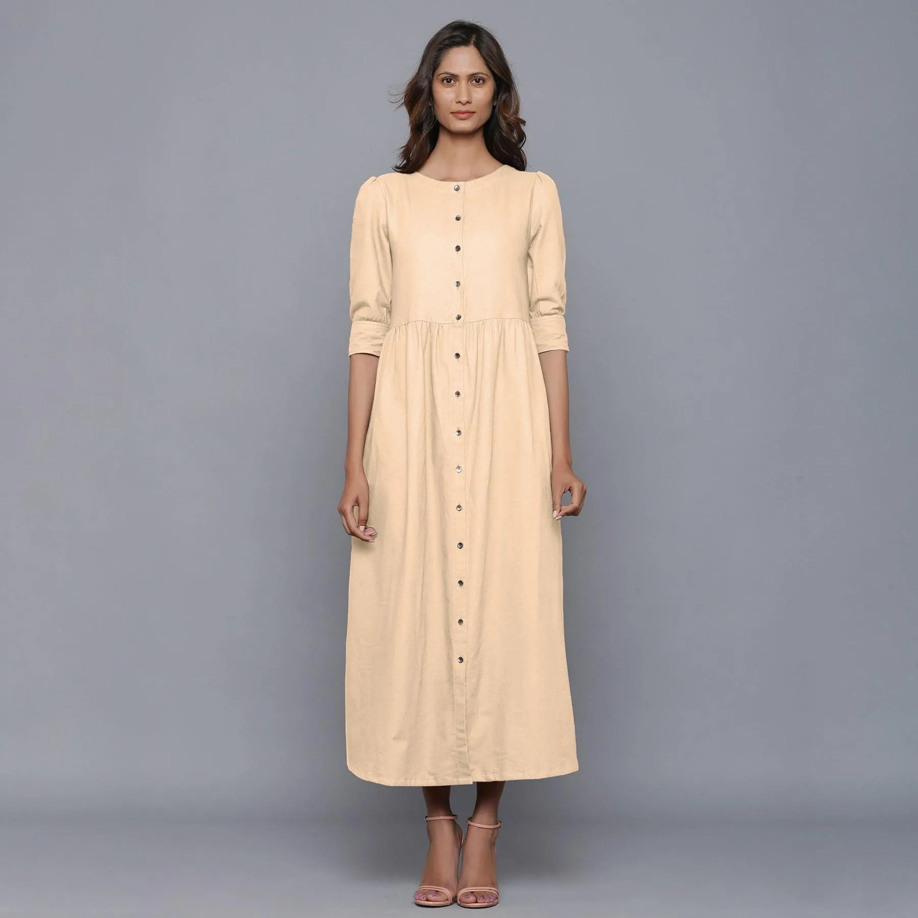 Beige Warm Cotton Flannel Gathered Maxi Dress