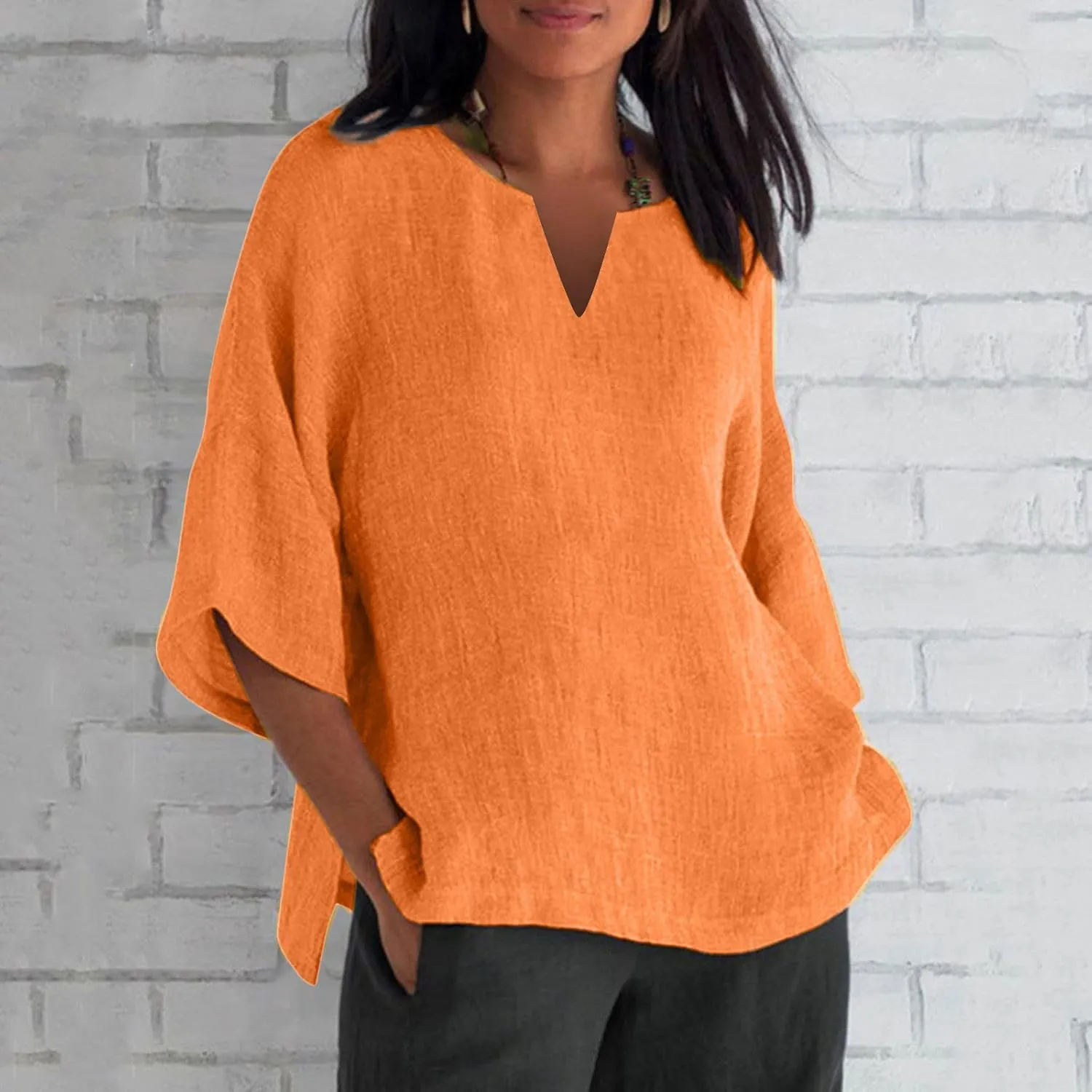 Binmer Plus Size Summer Linen Tops for Women 2024 Trendy Short Sleeve T-Shirts Loose Solid V Neck Tee Side Split Blouse S-5XL
