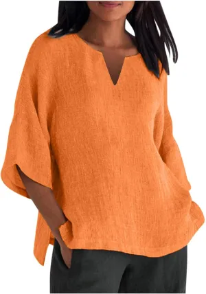 Binmer Plus Size Summer Linen Tops for Women 2024 Trendy Short Sleeve T-Shirts Loose Solid V Neck Tee Side Split Blouse S-5XL
