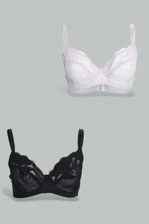 Black And White Lace Non-Padded Bra (Pack of 2)