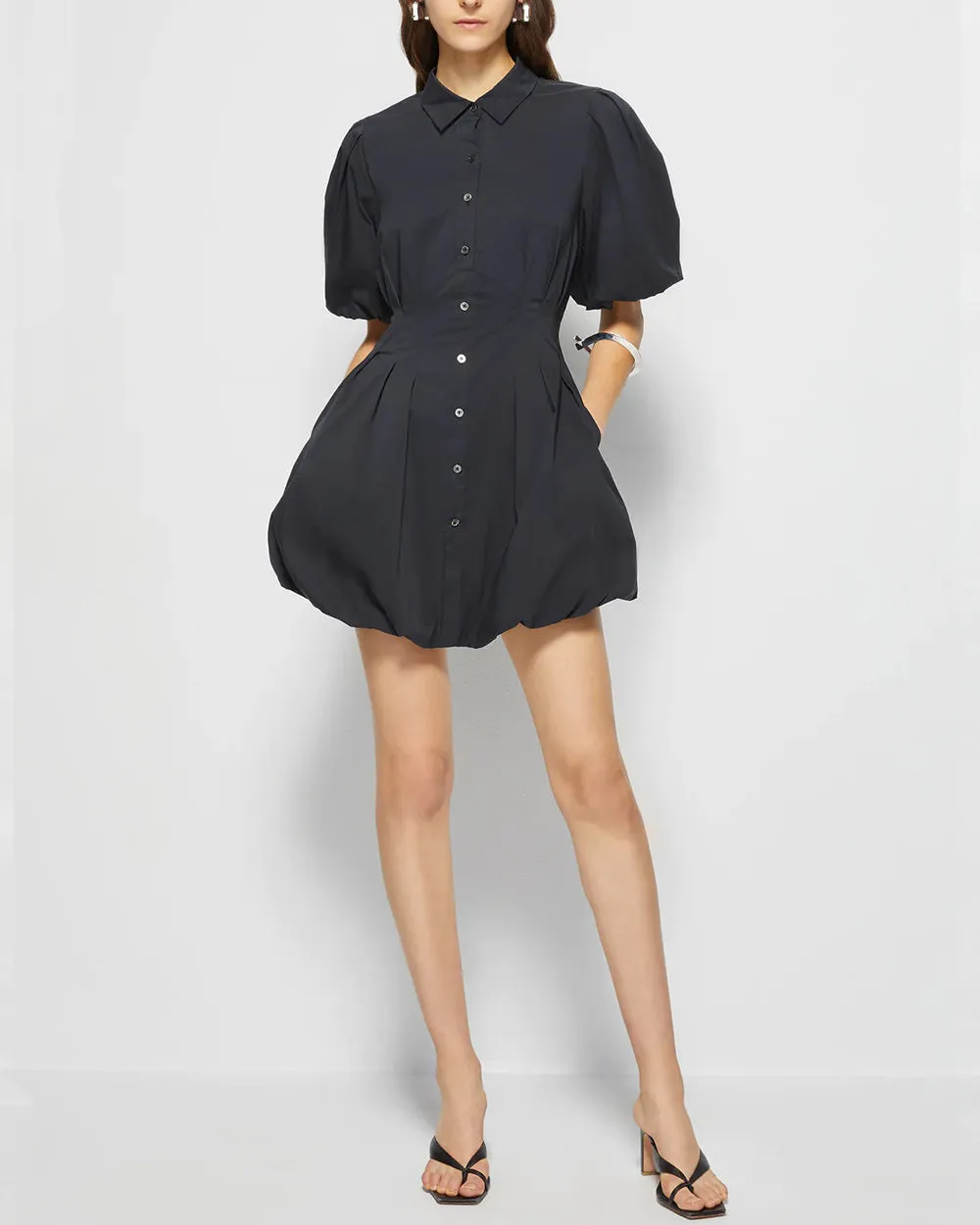 Black Cleo Pleated Poplin Balloon Minidress