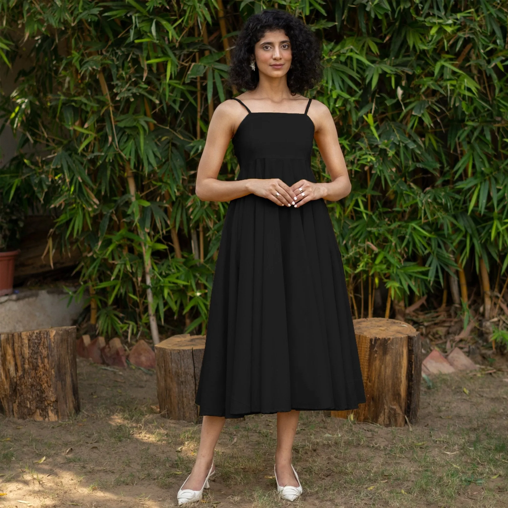 Black Cotton Poplin Fit and Flare Midi Empire Dress